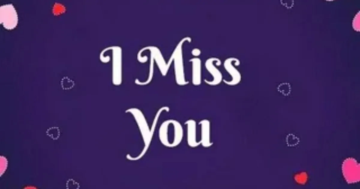 I Miss You text on purple background with pink and red hearts