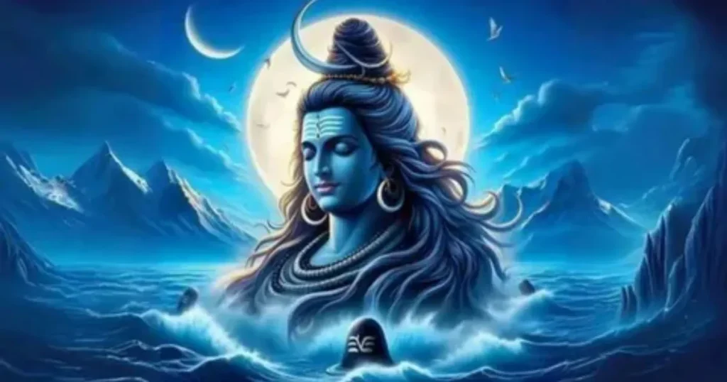 Lord Shiva peaceful face with moon, mountains and ocean waves background