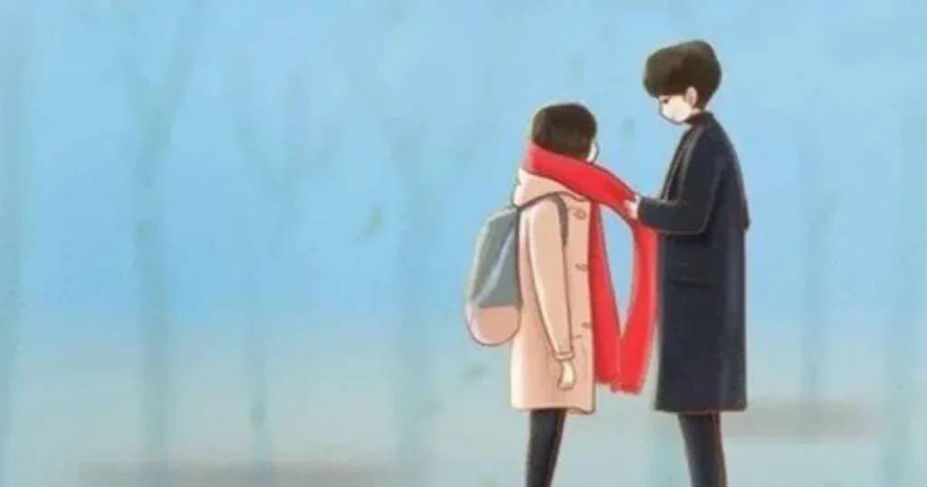 Cartoon couple sardi mein red scarf pehen rahe hain, romantic pyaar bhari illustration