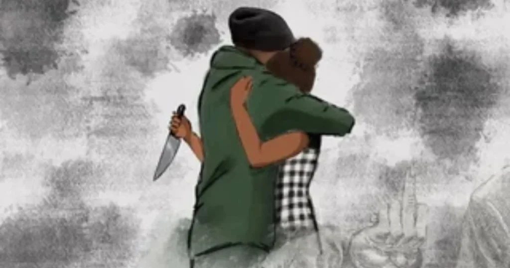 Illustration of person hugging friend while hiding a knife symbolizing fake friend betrayal