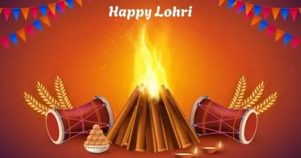 Happy Lohri illustration with bonfire, dhol, wheat stalks, laddu aur diyas celebrating Punjabi festival