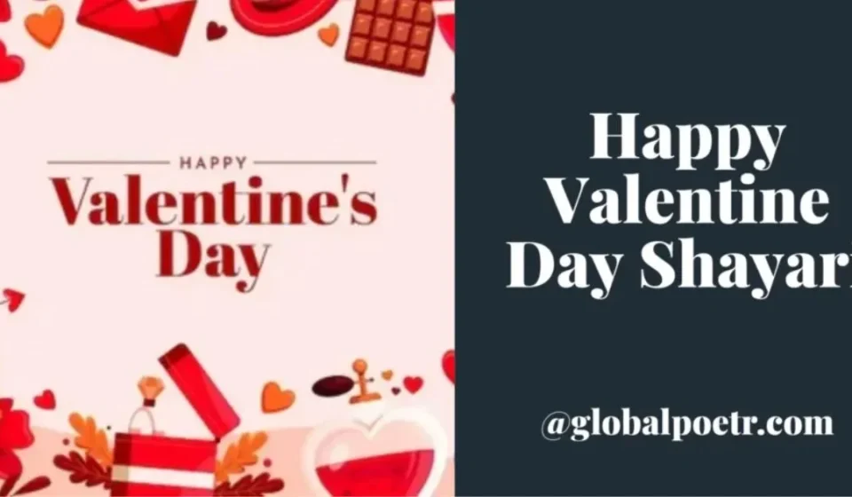 Happy Valentine’s Day Shayari with romantic hearts and Valentine decorations