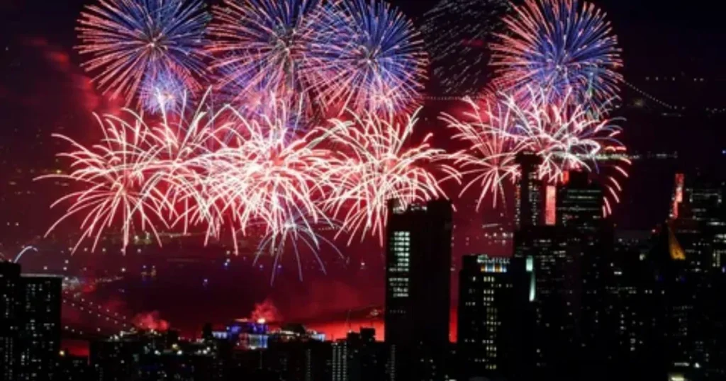 Colorful fireworks lighting up the night sky during Independence Day celebration