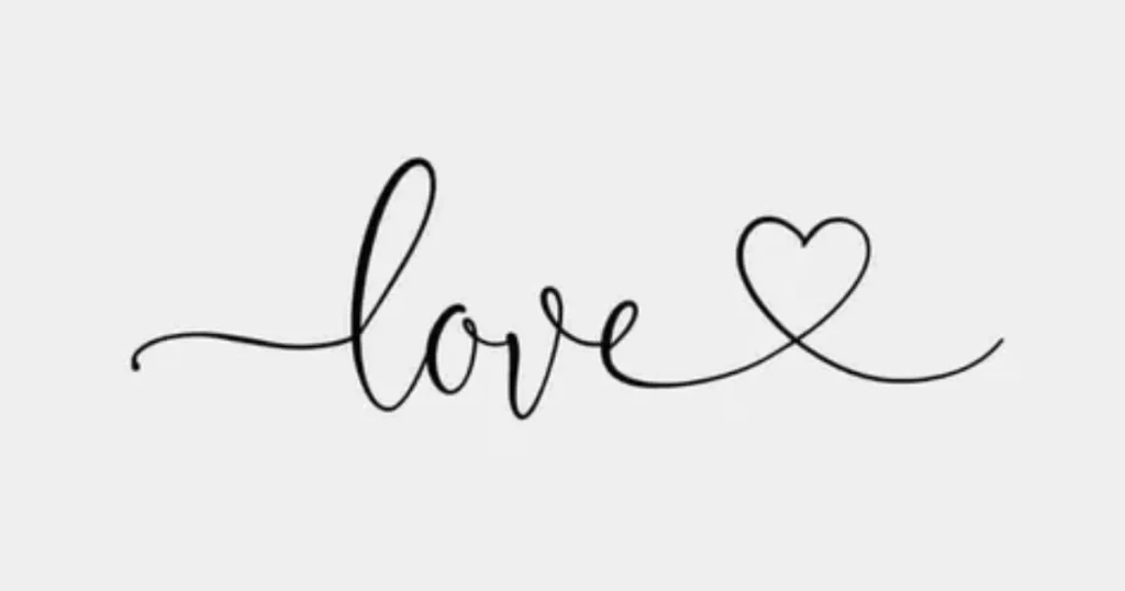 Love written in black cursive calligraphy with heart symbol on white background