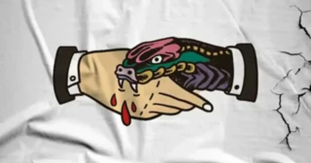 Illustration of a snake-headed hand biting another hand during a handshake symbolizing fake friend betrayal