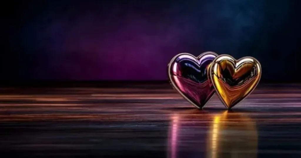 Two glossy metallic hearts (purple and gold) together on reflective surface symbolizing love and togetherness
