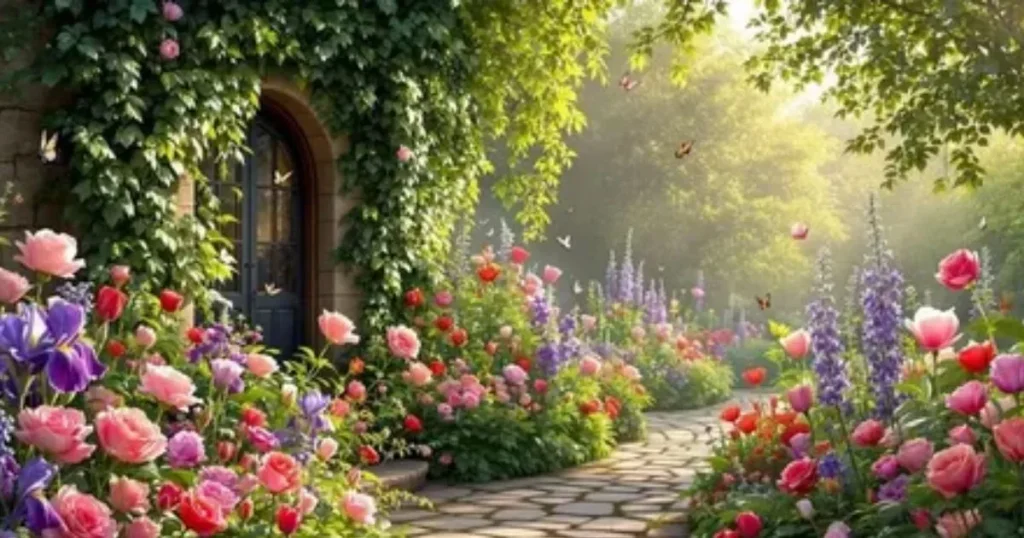 Beautiful cottage garden with colorful roses and flowers along a stone path