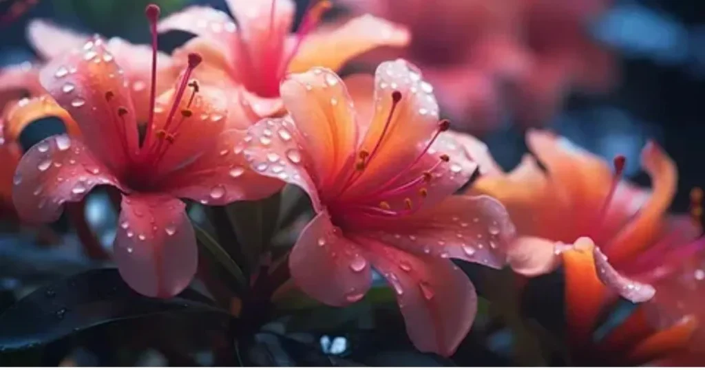 Pink and orange lily flowers covered with fresh dew drops