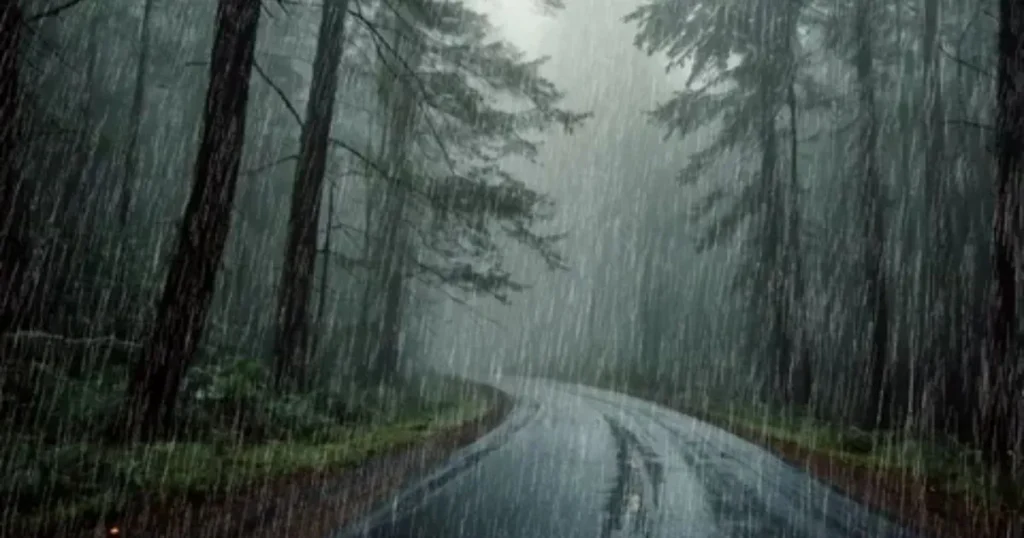 Rainy road through a dark forest surrounded by tall trees