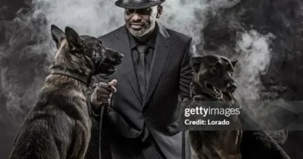 Gangster Shayari image of a stylish man in suit with two dogs