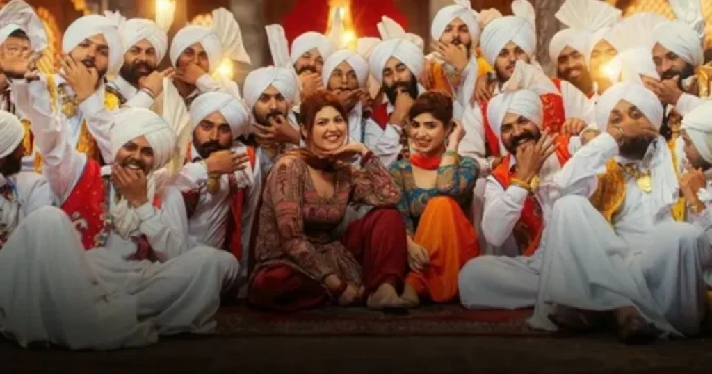 Punjabi attitude shayari image with stylish Punjabi men and women in traditional attire